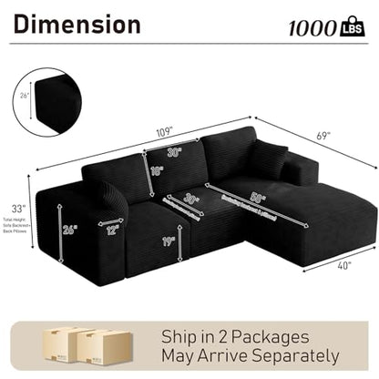 109" L-Shaped Boneless Cloud Sectional Couches, Comfy Corduroy Fluffy Modular Sectional Sofa with Right-Facing Chaise, Deep Seat Memory Foam Plush Couch for Living Room, Small Spaces, Black