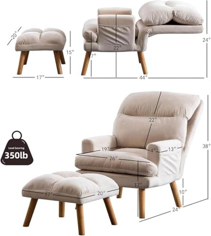 Modern Accent Chair with Ottoman, Soft Fabric Armchair with Adjustable Backrest and Side Pockets, Comfy Lounge Chair for Living Room, Bedroom, Apartment, Office, Beige