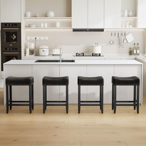 Bar Stools Set of 6,25.7 inch Counter Height Bar Stools,Upholstered Kitchen Barstools with Solid Wooden Legs, Saddle Stools for Kitchen Island, Bar, Cafe, Black