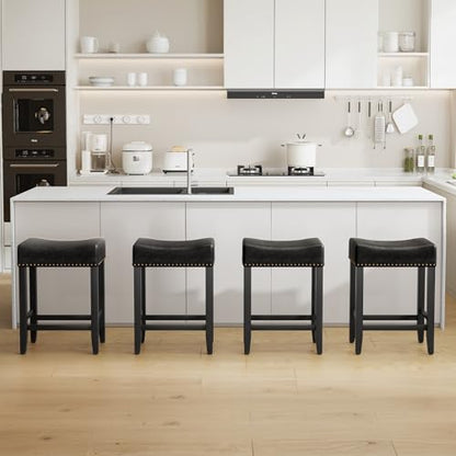Bar Stools Set of 6,25.7 inch Counter Height Bar Stools,Upholstered Kitchen Barstools with Solid Wooden Legs, Saddle Stools for Kitchen Island, Bar, Cafe, Black