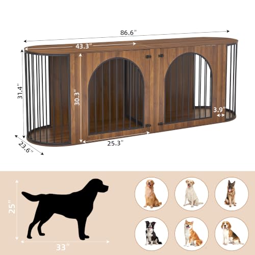 87"Double Dog Crate Furniture for 2 Dogs, Curved Dog Kennel TV Stand,Walnut, view 3