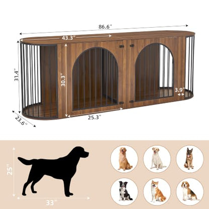 87"Double Dog Crate Furniture for 2 Dogs, Curved Dog Kennel TV Stand,Walnut, view 3