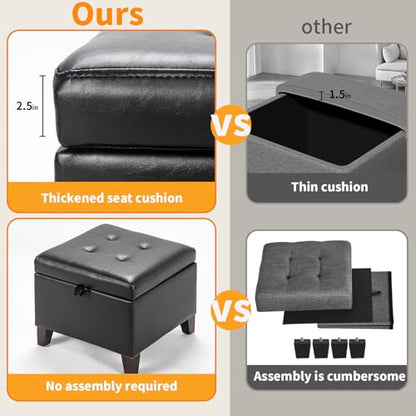 17 Inch Storage Ottoman Foot Rest,Square Faux Leather Foot Stool,Small Ottoman with Storage,Padded Seat for Entryway,Living Room,Bedroom,Couch,Under Desk,Black