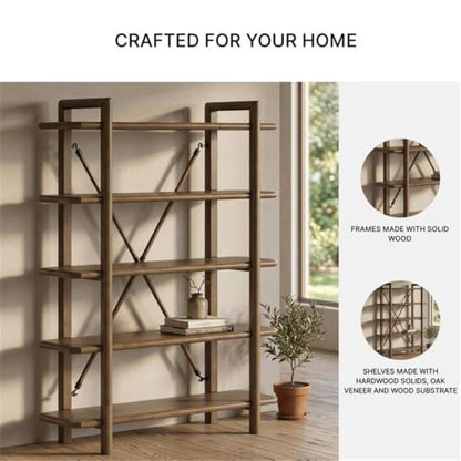 71 in Home Office Bookcase, Brown Oak Finish, Hardwood Solids and Veneer, 5 Open Shelves, Sturdy Vertical Storage, Metal Back Brace, Stylish Display for Books, Plants, Photos, Living Room