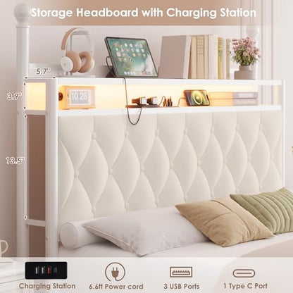 Full Size LED Canopy Bed Frame with Storage & Charging Station, Beige, view 6