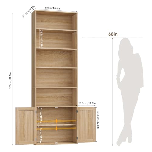 82" Tall Bookcase, Farmhouse Bookshelf with Doors,Light Oak, view 3