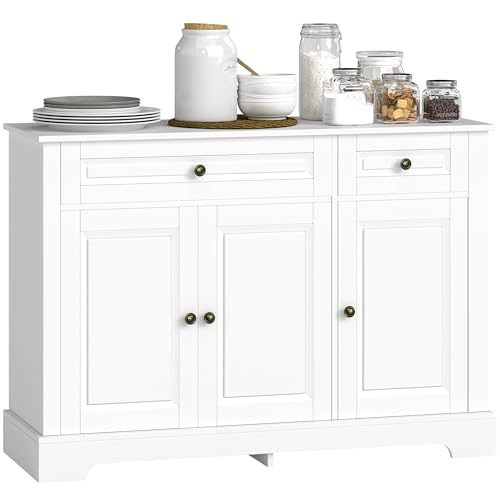 Sideboard Buffet Cabinet, Modern Buffet Cabinet with Storage and 2 Drawers, Coffee Bar Station with Adjustable Shelves for Kitchen, Entryway, White