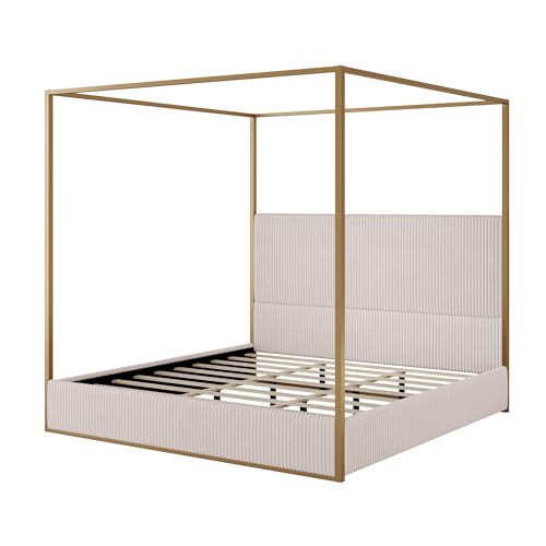 GDFStudio King Size Upholstered Canopy Bed Frame with Tall Corduroy Headboard, view 6