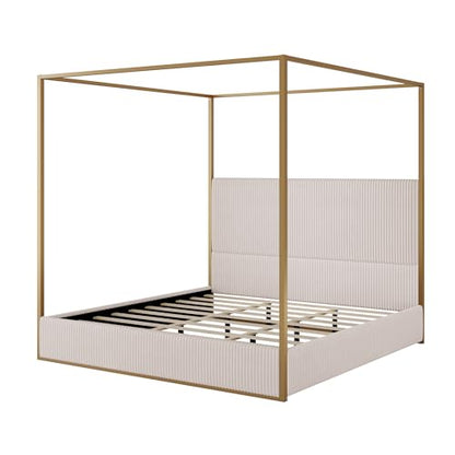 GDFStudio King Size Upholstered Canopy Bed Frame with Tall Corduroy Headboard, view 6