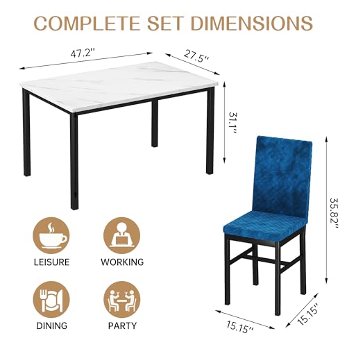 Dining Table Set for 4, Kitchen Table and Chairs Set of 4 Modern Faux Marble Dinner Tabletop with Upholstered Velvet Chairs for Apartment Small Space