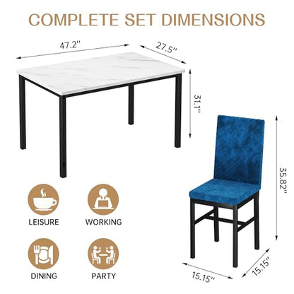 Dining Table Set for 4, Kitchen Table and Chairs Set of 4 Modern Faux Marble Dinner Tabletop with Upholstered Velvet Chairs for Apartment Small Space