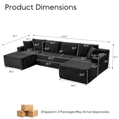 133" Oversized Cloud Boneless Sofa Couch with Chaise, Modern Corduroy U Shaped Modular Sectional Sofa with Deep Seat, Comfy Couch with Cupholders and Storage, No Assembly Required-Black