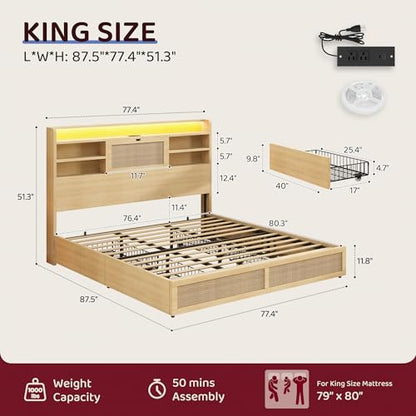 King Size Rattan Bed Frame with 4 Storage Drawers and 51.3" Tall Hidden Storage, view 3
