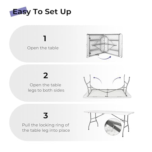 Folding Table 6ft Portable Heavy Duty Plastic Fold-in-Half Utility Foldable Table Plastic Dining Indoor Outdoor for Camping, Picnic and Party, White