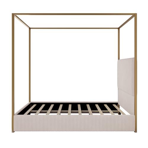 Luxury Queen Metal Canopy Bed with Tall Upholstered Headboard, Beige, view 6