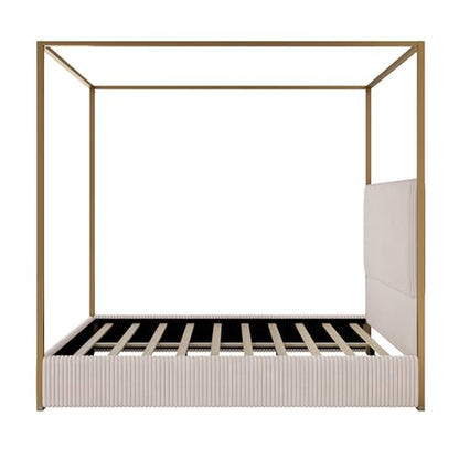 Luxury Queen Metal Canopy Bed with Tall Upholstered Headboard, Beige, view 6