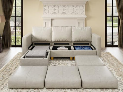 Faux Leather Modualr Sectional Couch,Faux Leather Sectional Sofa with Storage Modular Couch，Whitesand