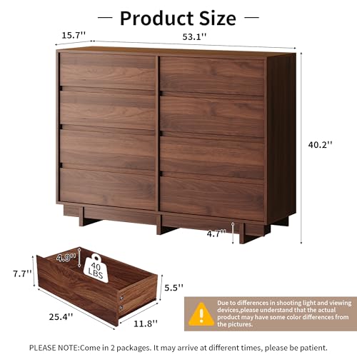8 Drawer Walnut Dresser for Bedroom, 53" Wide Mid Century Modern Dresser, view 3