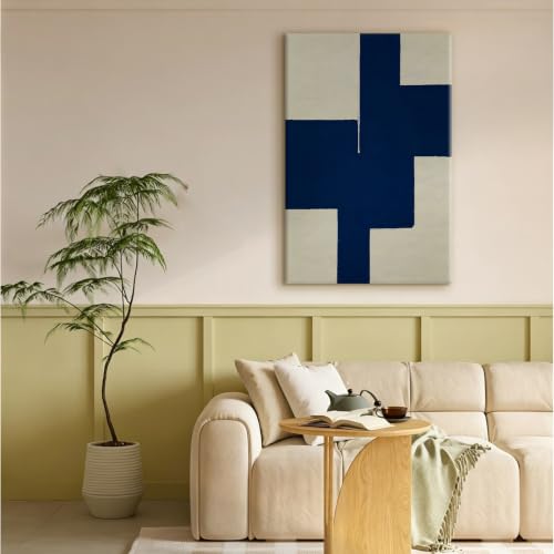Navy Blue Geometric Block Abstract Wall Art Canvas Print, modern color field artwork in deep navy and ivory for home office, bedroom, office, apartment, modern farmhouse(16x24Inch,Gallery Wrapped）