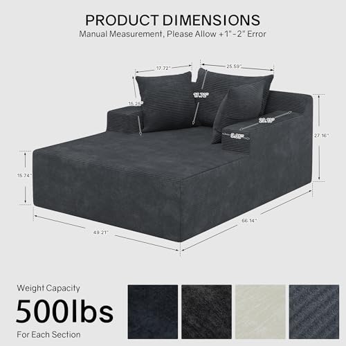 66" Chaise Lounge Chair Indoor, Oversized Boneless Lounge Chair with 3 Pillows, view 3