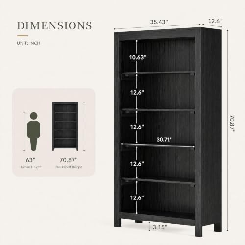 71" Solid Wood 5-Tier Tall Bookcase (2, Black), view 3