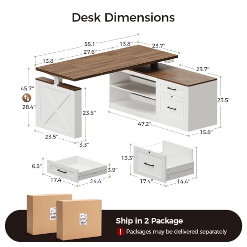 55 Inch Farmhouse L Shaped Electric Standing Desk, Walnut+White, view 3