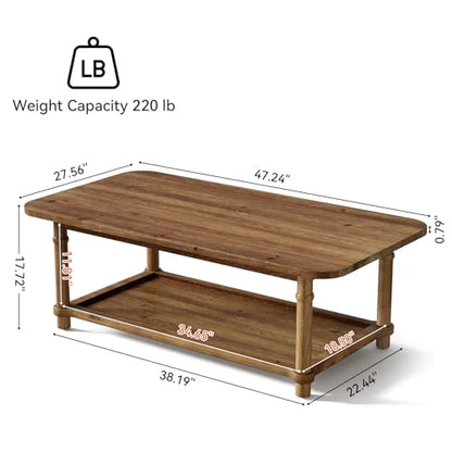 47" Rectangle Coffee Table, Solid Wood Center Table with 2-Tier Storage, Modern Farmhouse Coffee Furniture for Living Room, Home & Family Room, Natural Brown