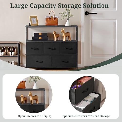 TV Stand, 5 Fabric Drawers Entertainment Center for TV up to 45 inch Wooden Media Console Table with Open Shelf, for Living Room, or Small Space, Black