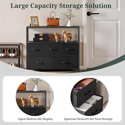 TV Stand, 5 Fabric Drawers Entertainment Center for TV up to 45 inch Wooden Media Console Table with Open Shelf, for Living Room, or Small Space, Black