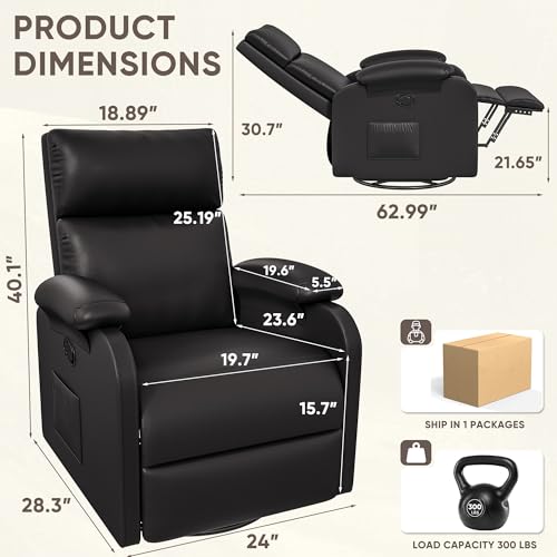 Recliner Chair, 360 Swivel Rocking Chair for Adults, Massage Nursery Chair with Adjustable Backrest and Footrest, PU Leather Glider Rocker Recliners with Side Pocket for Living Room (Black)