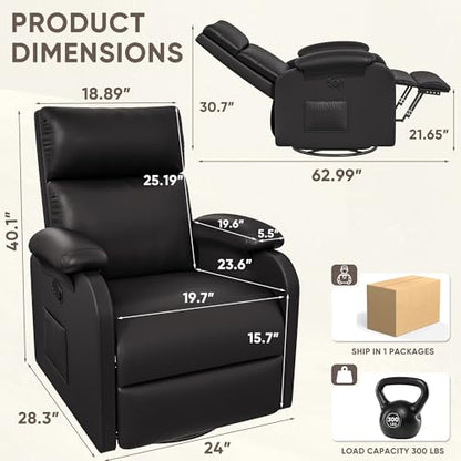 Recliner Chair, 360 Swivel Rocking Chair for Adults, Massage Nursery Chair with Adjustable Backrest and Footrest, PU Leather Glider Rocker Recliners with Side Pocket for Living Room (Black)