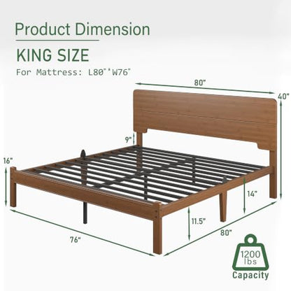 14" King Size Bamboo Wood Platform Bed Frame with Headboard, Brown, view 3
