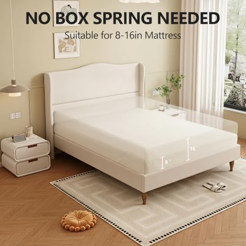Wingback Upholstered Platform Bed with 50.6 Inch Tall Headboard, Beige, view 6