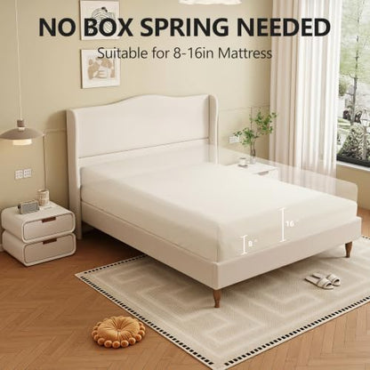 Wingback Upholstered Platform Bed with 50.6 Inch Tall Headboard, Beige, view 6