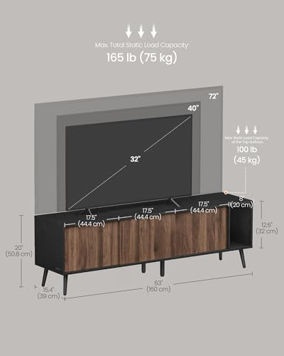 TV Stand, Superfast Toolless Assembly, TV Cabinet for TVs up to 72 Inches, Entertainment Center with Storage, Media Console Table, Living Room, Natural Walnut and Ebony Black ULTV533B01