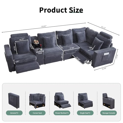 Oversized Modular Sectional Sofa with 2 Power Recliner, 5-Seater L-Shaped Corduroy Reclining Couch with Storage Console Charging Cup Holders, Fluffy Reclining Couches for Living Room,Grey