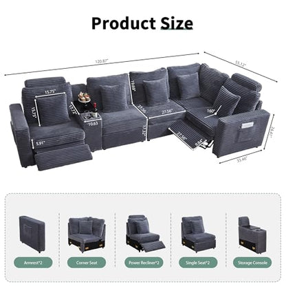 Oversized Modular Sectional Sofa with 2 Power Recliner, 5-Seater L-Shaped Corduroy Reclining Couch with Storage Console Charging Cup Holders, Fluffy Reclining Couches for Living Room,Grey