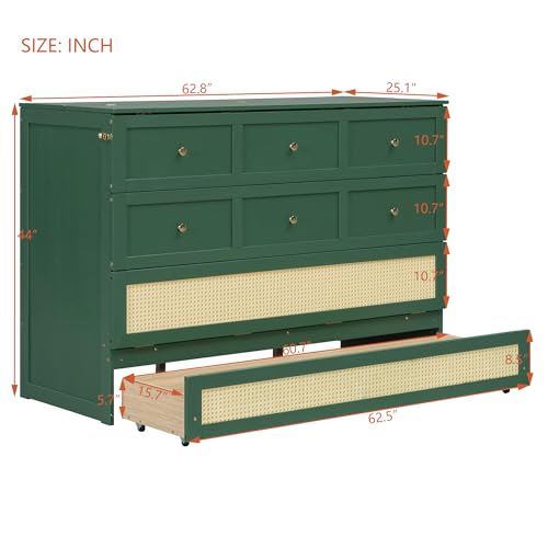 JIVOIT Queen Size Murphy Bed with Large Drawers, Solid Wood Murphy Bed Chest with Rattan Patterned Designs, Multi-Function Design for Guest Room Small Room