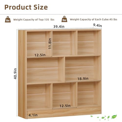 8 Cube Bookshelf with Base,3 Tier Mid-Century Modern Natural Bookcase,Standing Wide Bookshelves Storage Organizer Shelf,Rustic Wood Display Cabinet Book Shelves for Bedroom,Living Room,Office