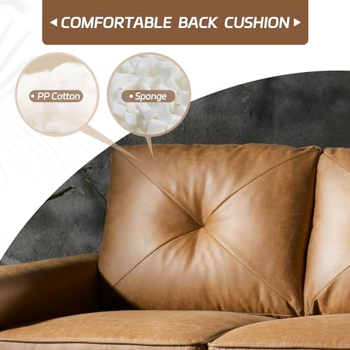 72'' 3-Seater Deep Seat Sofa Couch, Mid-Century Modern Couches, Brown Faux Leather Small Couch for Apartment, Living Room, Bedroom(Light Brown)
