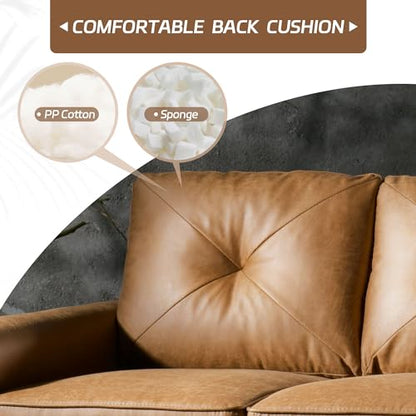 72'' 3-Seater Deep Seat Sofa Couch, Mid-Century Modern Couches, Brown Faux Leather Small Couch for Apartment, Living Room, Bedroom(Light Brown)
