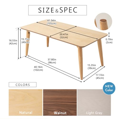 Wood Folding Coffee Table Rectangle Large (20.5"x41.3") Light Gray, Floor Sitting Low Table Small Space Minimalist Japanese Tatami Room