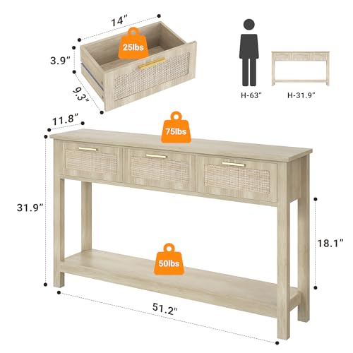 51.2" Rattan Console Tables with 3 Drawers & Shelf, Entryway Table with Storage, Hallway Table for Entry Way, Narrow Long Boho Sofa Table Behind Couch, Entrance Entry Living Room, Natural Wood