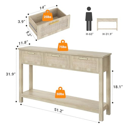 51.2" Rattan Console Tables with 3 Drawers & Shelf, Entryway Table with Storage, Hallway Table for Entry Way, Narrow Long Boho Sofa Table Behind Couch, Entrance Entry Living Room, Natural Wood