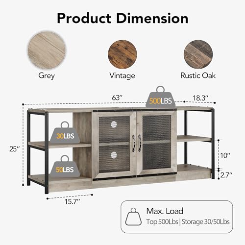 TV Stand for 65+ Inch TV, Industrial Entertainment Center TV Media Console Table, Farmhouse TV Stand with Storage, Mesh Door and Shelves, Gray TV Console Cabinet Furniture for Living Room