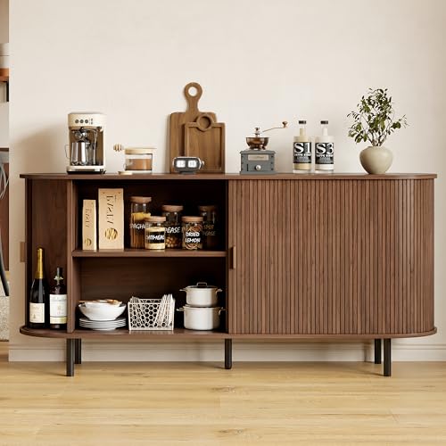 63" Fluted Buffet Sideboard Cabinet with Sliding Door, Walnut, view 4