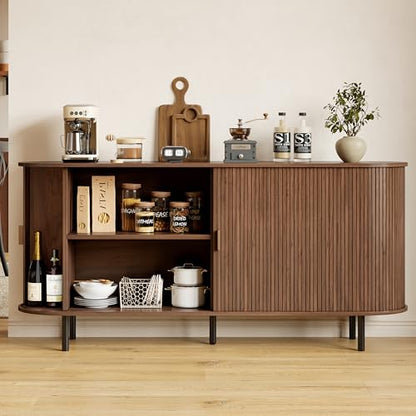 63" Fluted Buffet Sideboard Cabinet with Sliding Door, Walnut, view 4