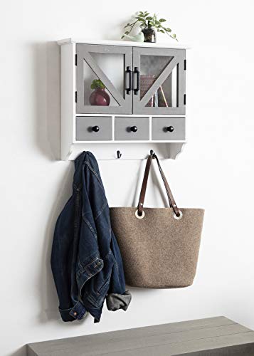 Hutchins Decorative Rustic Wood Wall Cabinet, 21" x 6" x 20", White and Gray, Farmhouse Decor Organizer with Magnetic Doors and Three Drawers