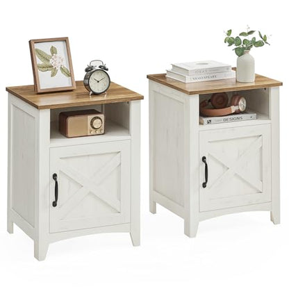 VASAGLE Nightstand Farmhouse Barn Door Bedside Table with Storage | Side End Table, Night Stand, Open Compartment, for Bedroom, Set of 2, Rustic White and Honey Brown, LIRY Collection