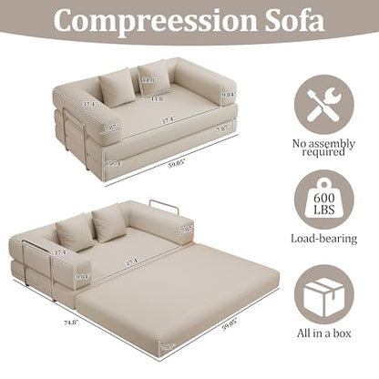 59.0 Inch Convertible Sofa Bed, 4-in-1Futon Sofas Bed Pull Out Sleeper Couch, Modern Deep Seat Sofa for Living Room, Corduroy Boneless Couches for Bedroom, Apartment, No Assembly Beige, 2 Seat
